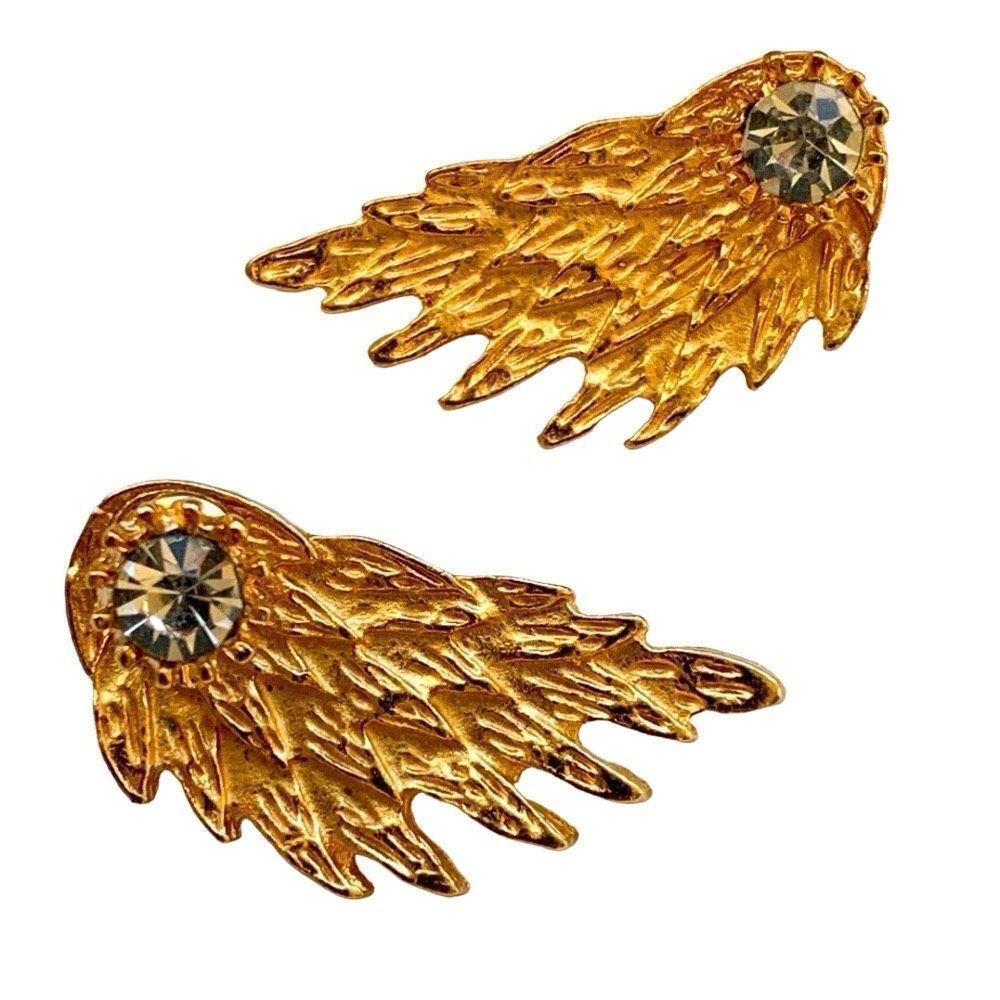 Angel Wings Stud Earrings in Gold Tone with Faux Diamond Crystals